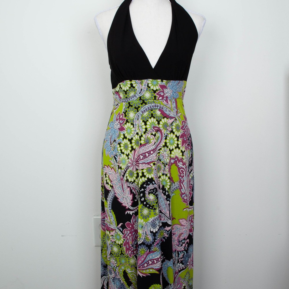As U Wish Womens Y2K Babydoll Halter Maxi Dress Size S Paisley Tropical Vacation